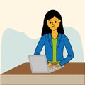 A businesslike young woman at a desk is working on a laptop. Flat design style.